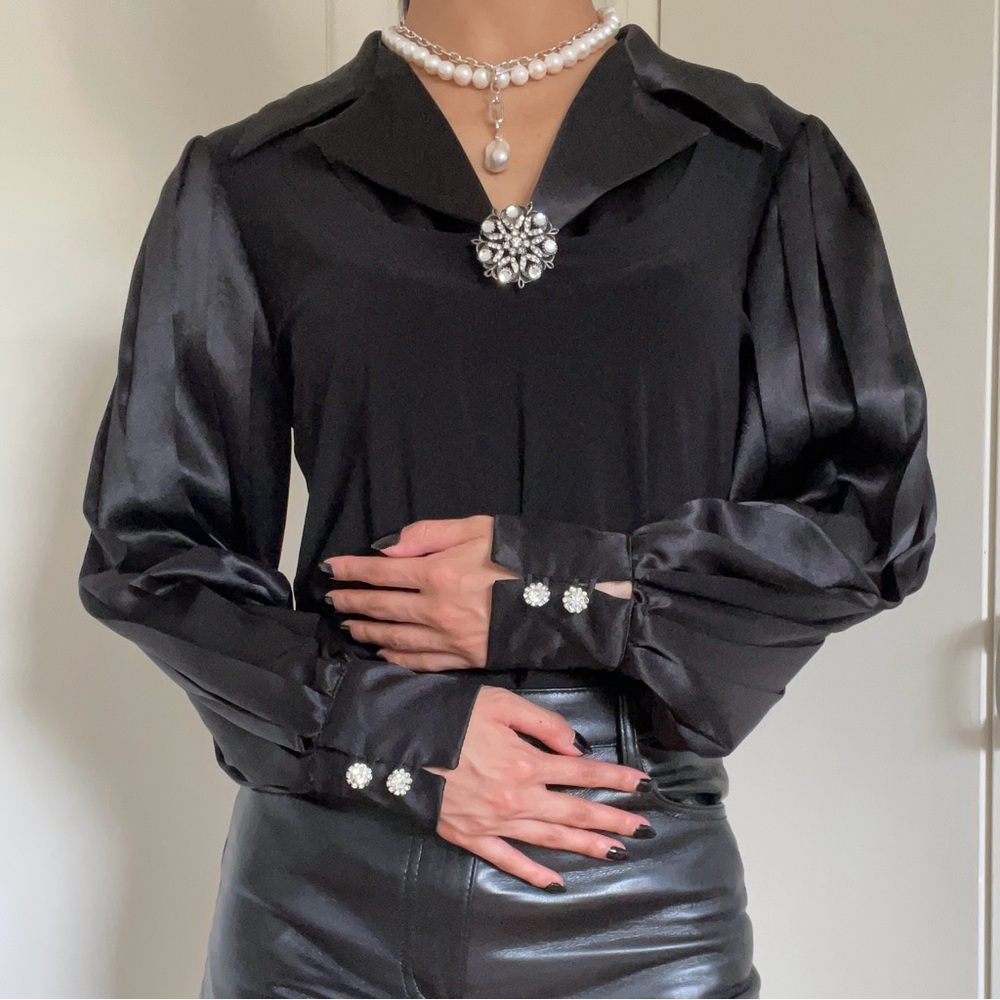 Vintage Gothic Embellished Black Satin Collar Blouse with Floral Brooch Detail